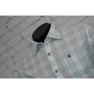 Fish Hippie Dress Shirt Mens Size Medium Blue Plaids Cotton Hemp Spandex Blend